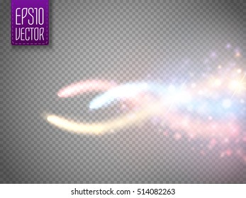 Magic glow star light effect with colorful blur curved lines. Sparkling dust star trail with bokeh. Special christmas effect on transparent background