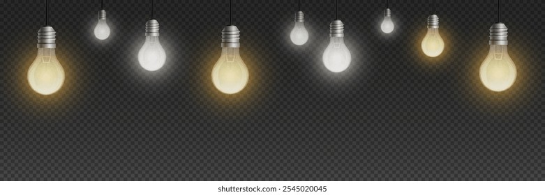 Magic glowing bulbs and lights of light. On a transparent background.