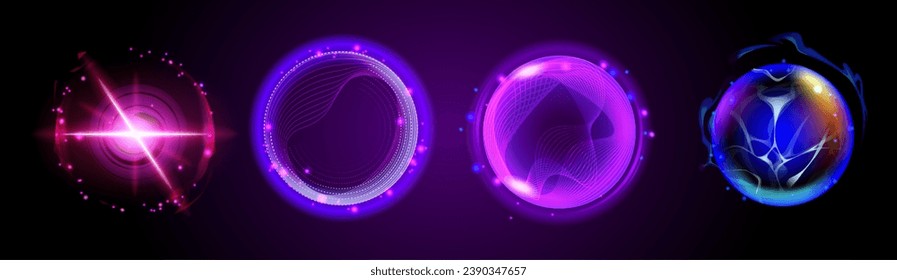 Magic glowing circle portal with neon light effect. Realistic vector illustration set of colorful fantastic rings and orbs - wizard gateway for traveling in space or time with power energy technology.