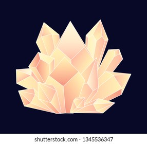 magic glowing crystals, icon on dark background. vector illustration. yellow and pink faceted stones or glass.