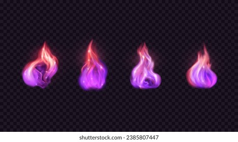 Magic glowing flames. Set of vector design elements. Realistic shining purple fire isolated on transparent backdrop