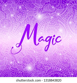 Magic glowing gradient fairy violet background with sparkles with lace ornament