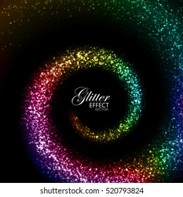 Magic glowing iridescent trail of particles. Vector illustration of shiny spiral rainbow trace. Glittering swirl trail. Stream of sparkling particles. Decoration element for gay party poster design.