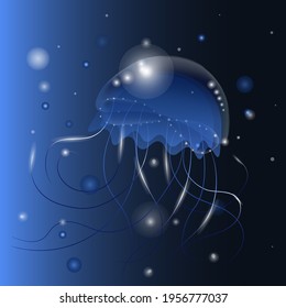 Magic glowing jellyfish underwater. Undersea world. Fairy tale illustration for inspiration