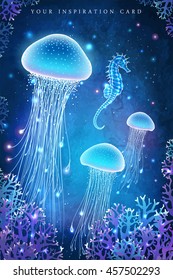 Magic glowing jellyfish underwater. Undersea world. Fairy tale illustration for inspiration