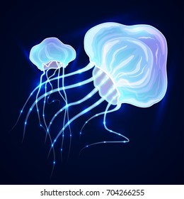 Magic glowing jellyfish underwater. Undersea world. Flock of jellyfishes swimming in the ocean. Vector.