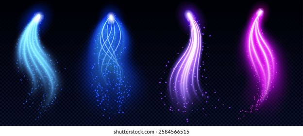 Magic glowing light arrows set with sparkling particles - neon luminous curved lines in blue, purple, pink colors on dark background. Bright mystical beam effects for fantasy game interface design.