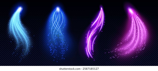 Magic glowing light arrows set with sparkling particles - neon luminous curved lines in blue, purple, pink colors on dark background. Bright mystical beam effects for fantasy game interface design.