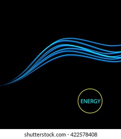 Magic glowing light swirl trail trace effect on black background. Glitter fire spark wave line with flying sparkling flash lights. Easy to use.