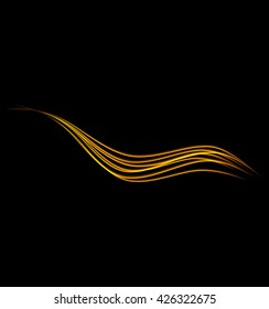 Magic glowing light swirl trail trace effect on black background. Glitter fire spark wave line with flying sparkling flash lights. Easy to use.