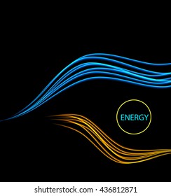 Magic glowing light swirl trail trace effect on black background. Glitter fire spark wave line with flying sparkling flash lights. Easy to use.