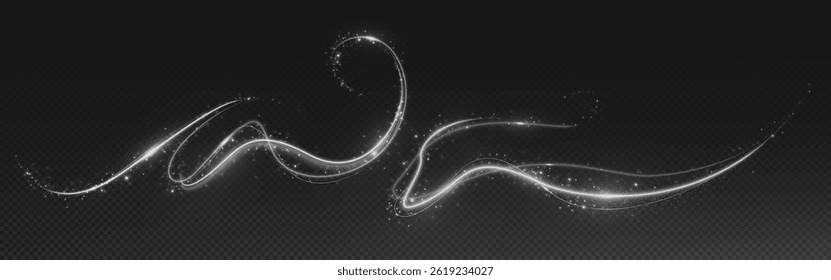 Magic glowing light trails, sparkling curved lines. Dynamic silver waves, elegant flowing elements, fantasy transparent design. Vector illustration of mystical decorations and fairy tale effects.