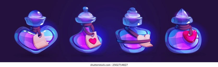 Magic glowing love potion in heart shaped glass bottle with labels. Cartoon vector game assets of medicine flask with chemistry elixir or perfume. Fantasy liquid aphrodisiac or poison in beaker.