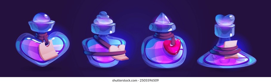 Magic glowing love potion in heart shaped glass bottle with labels. Cartoon vector game assets of medicine flask with chemistry elixir or perfume. Fantasy liquid aphrodisiac or poison in beaker.