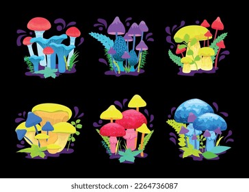 Magic glowing mushrooms set with mystery symbols flat isolated vector illustration