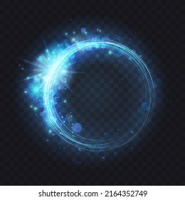 Magic glowing round lines with sparkling glitter particles, flare lens shimmer on transparent dark background. Blue neon luminous spark ring portal, abstract light frame effect vector illustration