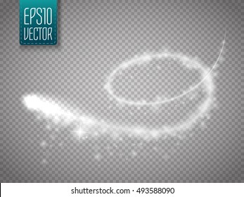 Magic Glowing Spark Swirl Trail Effect Isolated On Transparent Background. Bokeh Glitter Wave Line With Flying Sparkling Flash Lights. Vector Illustration