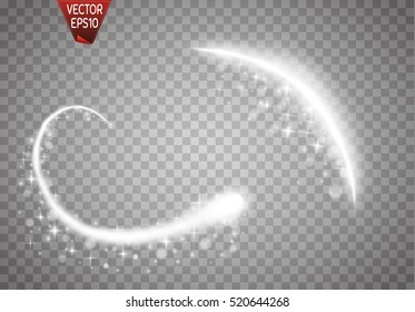 Efecto mágico brillante del rastro del remolino de la chispa aislado en fondo transparente. Línea de onda de brillo Bokeh con luces brillantes voladoras. Ilustración vectorial