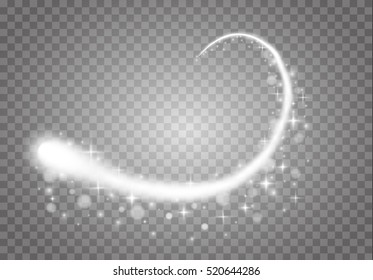 Magic glowing spark swirl trail effect isolated on transparent background. Bokeh glitter wave line with flying sparkling flash lights. Vector illustration