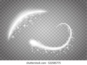 Magic glowing spark swirl trail effect isolated on transparent background. Bokeh glitter wave line with flying sparkling flash lights. Vector illustration