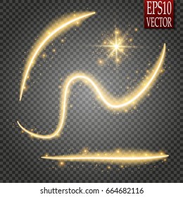 Magic glowing spark swirl trail effect isolated on transparent background. Bokeh glitter wave line with flying sparkling flash lights. Vector illustration

