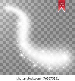 Magic glowing spark swirl trail effect isolated on transparent background. Bokeh glitter wave line with flying sparkling flash lights. Vector illustration. eps 10