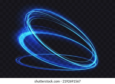 Magic glowing speed energy motion spin, glowing swirl trail circles, bright sparkling lines on dark background. Luminous azure blue glow neon rings, abstract 3d light effect vector illustration.