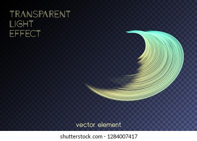 Magic glowing swirl trail transparent light effect. Bright shine wavy element for your design. Beautiful flame, flare, light trail, hologram. Iridescent neon vector shape.