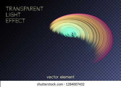 Magic glowing swirl trail transparent light effect. Bright shine wavy element for your design. Beautiful flame, flare, light trail, hologram. Iridescent neon vector shape.