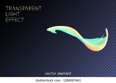 Magic glowing swirl trail transparent light effect. Bright shine wavy element for your design. Beautiful flame, flare, light trail, hologram. Iridescent neon vector shape.
