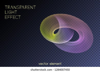 Magic glowing swirl trail transparent light effect. Bright shine wavy element for your design. Beautiful flame, flare, light trail, hologram. Iridescent neon vector shape.