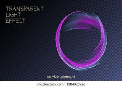 Magic glowing swirl trail transparent light effect. Bright shine wavy element for your design. Beautiful flame, flare, light trail, hologram. Iridescent neon vector shape.