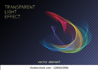 Magic glowing swirl trail transparent light effect. Bright shine wavy element for your design. Beautiful flame, flare, light trail, hologram. Iridescent neon vector shape.