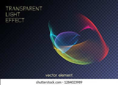 Magic glowing swirl trail transparent light effect. Bright shine wavy element for your design. Beautiful flame, flare, light trail, hologram. Iridescent neon vector shape.