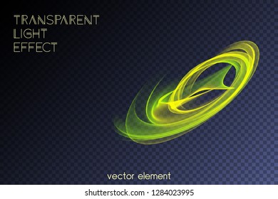 Magic glowing swirl trail transparent light effect. Bright shine wavy element for your design. Beautiful flame, flare, light trail, hologram. Iridescent neon vector shape.
