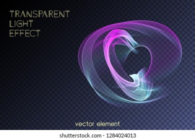 Magic glowing swirl trail transparent light effect. Bright shine wavy element for your design. Beautiful flame, flare, light trail, hologram. Iridescent neon vector shape.