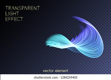 Magic glowing swirl trail transparent light effect. Bright shine wavy element for your design. Beautiful flame, flare, light trail, hologram. Iridescent neon vector shape.