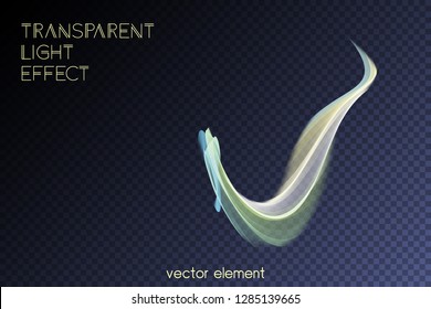 Magic glowing swirl trail transparent light effect. Bright shine wavy element for your design. Beautiful flame, flare, light trail, hologram. Iridescent neon vector shape.