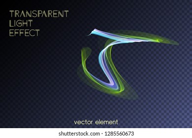 Magic glowing swirl trail transparent light effect. Bright shine wavy element for your design. Beautiful flame, flare, light trail, hologram. Iridescent neon vector shape.