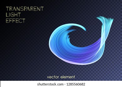 Magic glowing swirl trail transparent light effect. Bright shine wavy element for your design. Beautiful flame, flare, light trail, hologram. Iridescent neon vector shape.