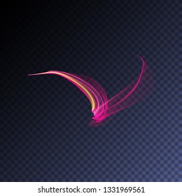 Magic glowing swirl trail transparent light effect. Bright shine wavy element for your design. Beautiful flame, flare, light trail, hologram. Iridescent neon vector shape
