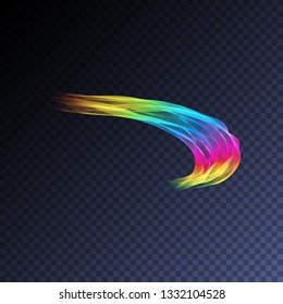 Magic glowing swirl trail transparent light effect. Bright shine wavy element for your design. Beautiful flame, flare, light trail, hologram. Iridescent neon vector shape