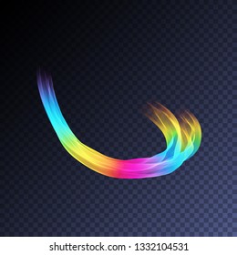 Magic glowing swirl trail transparent light effect. Bright shine wavy element for your design. Beautiful flame, flare, light trail, hologram. Iridescent neon vector shape