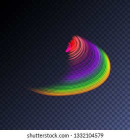 Magic glowing swirl trail transparent light effect. Bright shine wavy element for your design. Beautiful flame, flare, light trail, hologram. Iridescent neon vector shape