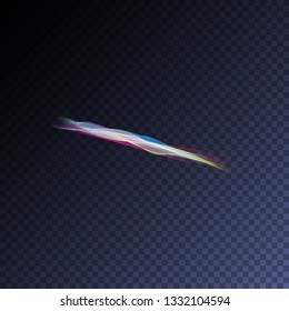 Magic glowing swirl trail transparent light effect. Bright shine wavy element for your design. Beautiful flame, flare, light trail, hologram. Iridescent neon vector shape