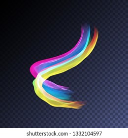 Magic glowing swirl trail transparent light effect. Bright shine wavy element for your design. Beautiful flame, flare, light trail, hologram. Iridescent neon vector shape