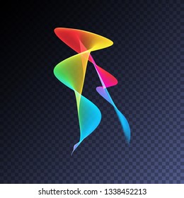 Magic glowing swirl trail transparent light effect. Bright shine wavy element for your design. Beautiful flame, flare, light trail, hologram. Iridescent neon vector shape