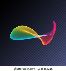 Magic glowing swirl trail transparent light effect. Bright shine wavy element for your design. Beautiful flame, flare, light trail, hologram. Iridescent neon vector shape