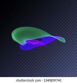 Magic glowing swirl trail transparent light effect. Bright shine wavy element for your design. Beautiful flame, flare, light trail, hologram. Iridescent neon vector shape