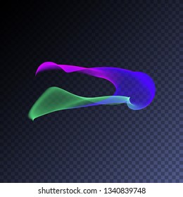 Magic glowing swirl trail transparent light effect. Bright shine wavy element for your design. Beautiful flame, flare, light trail, hologram. Iridescent neon vector shape